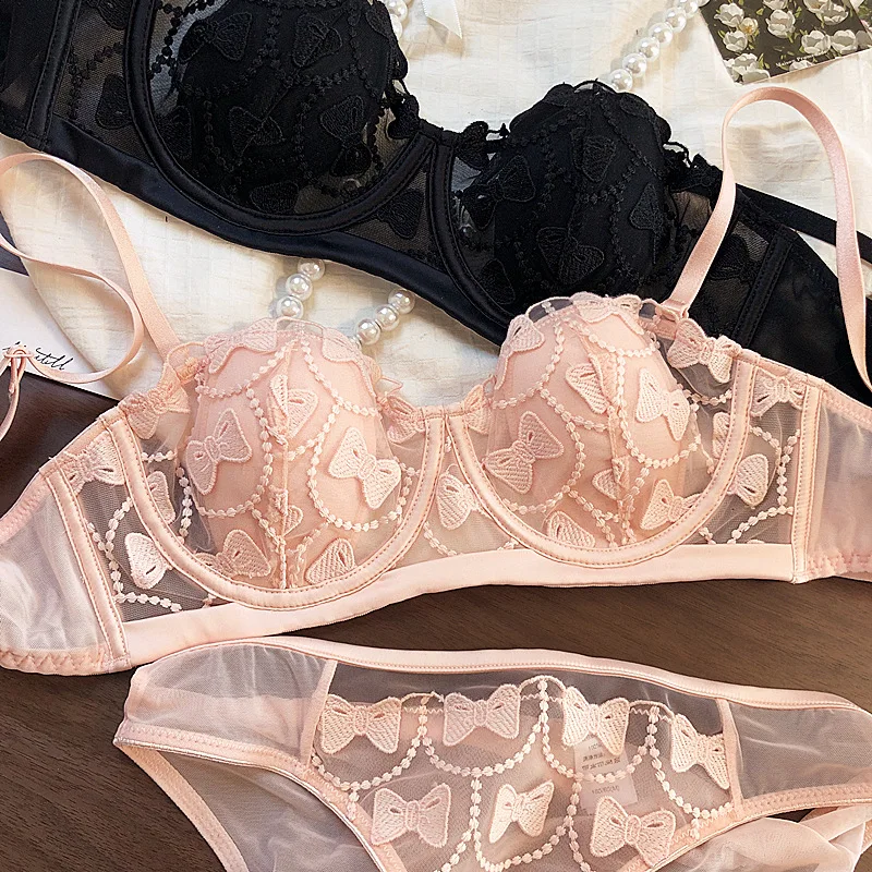 Sweet and sexy half cup hollow bow embroidery bra set thin top support anti-sagging underwear large size lingerie
Sweet and sexy half cup hollow bow embroidery bra set thin top support anti-sagging underwear large size lingerie