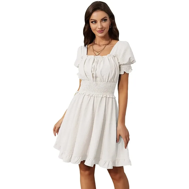 Summer Women's Square Neck Puff Short Sleeve Pleated Waist Backless Lace-up Dress
Summer Women's Square Neck Puff Short Sleeve Pleated Waist Backless Lace-up Dress