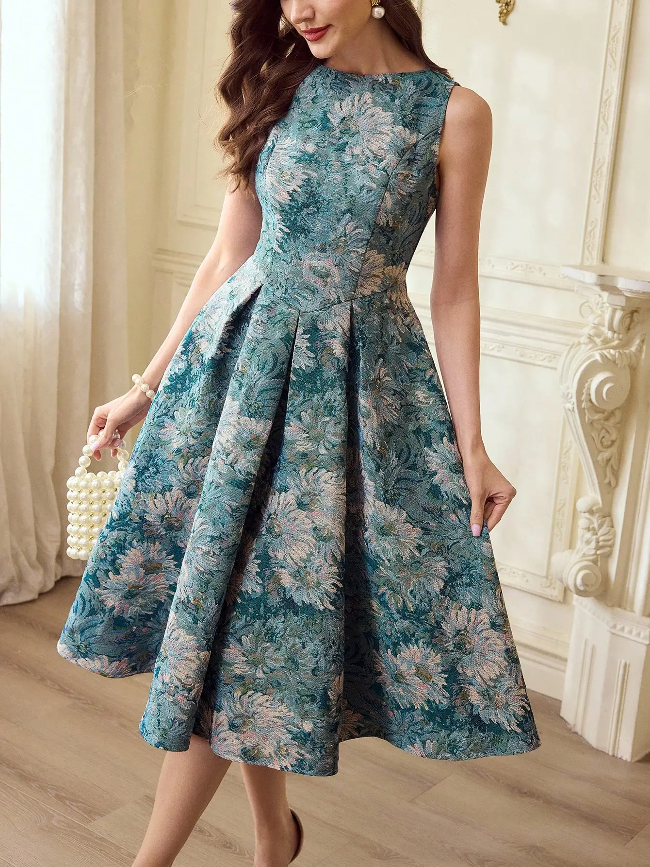 Elegant Floral Jacquard A-Line Dress with Pockets, Sleeveless, Knee-Length
Elegant Floral Jacquard A-Line Dress with Pockets, Sleeveless, Knee-Length