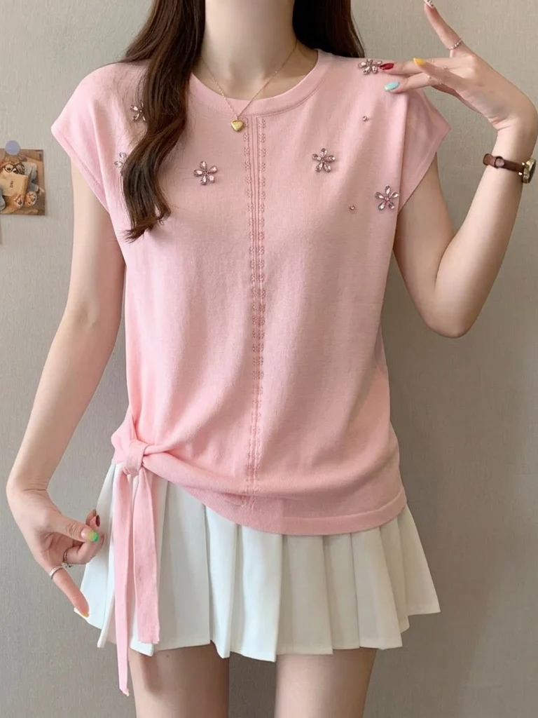 Ice Silk T-Shirt Women's Short Sleeve Knot Waist Short Style Base Shirt Summer Slimming Top Heavy Duty Bead Korean Style Loos...
Ice Silk T-Shirt Women's Short Sleeve Knot Waist Short Style Base Shirt Summer Slimming Top Heavy Duty Bead Korean Style Loos...