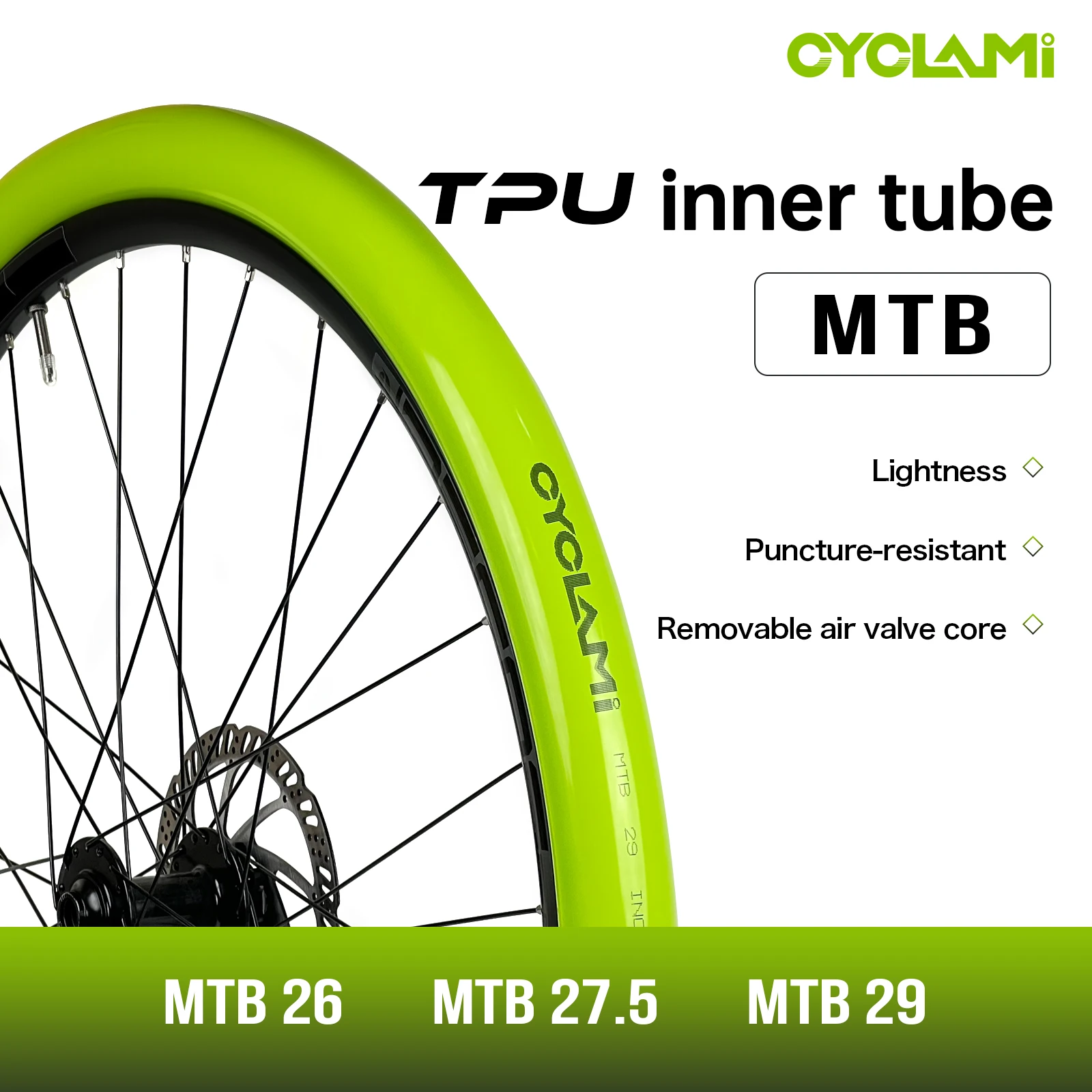 CYCLAMI 2-Piece Suit TPU Ultralight MTB Bike Inner Tube 26/27.5/29 inch For 559 584 622 Tires Metal French Valve Length 45mm
CYCLAMI 2-Piece Suit TPU Ultralight MTB Bike Inner Tube 26/27.5/29 inch For 559 584 622 Tires Metal French Valve Length 45mm