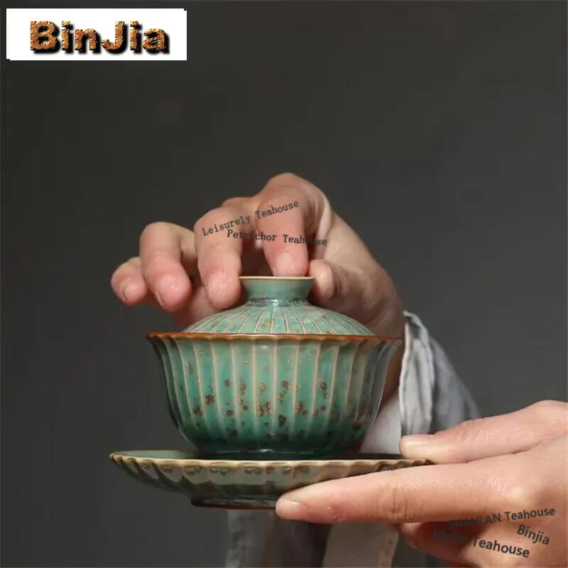 120ML Japanese Style Retro Green Kiln Fambe Coarse Pottery Gaiwan Temmoku Glaze Ceramic Kung Fu Tea Tureen Bowl Drinkware
120ML Japanese Style Retro Green Kiln Fambe Coarse Pottery Gaiwan Temmoku Glaze Ceramic Kung Fu Tea Tureen Bowl Drinkware
