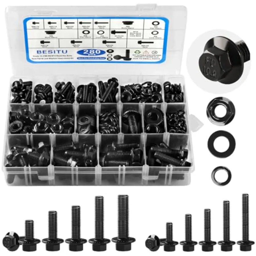 280Pcs Metric Flange Bolt Assortment, M6x1.0, M8x1.25, M10x1.5 12mm to 30mm Assorted Hex Bolts and Nuts Washers Kit for Automot
280Pcs Metric Flange Bolt Assortment, M6x1.0, M8x1.25, M10x1.5 12mm to 30mm Assorted Hex Bolts and Nuts Washers Kit for Automot