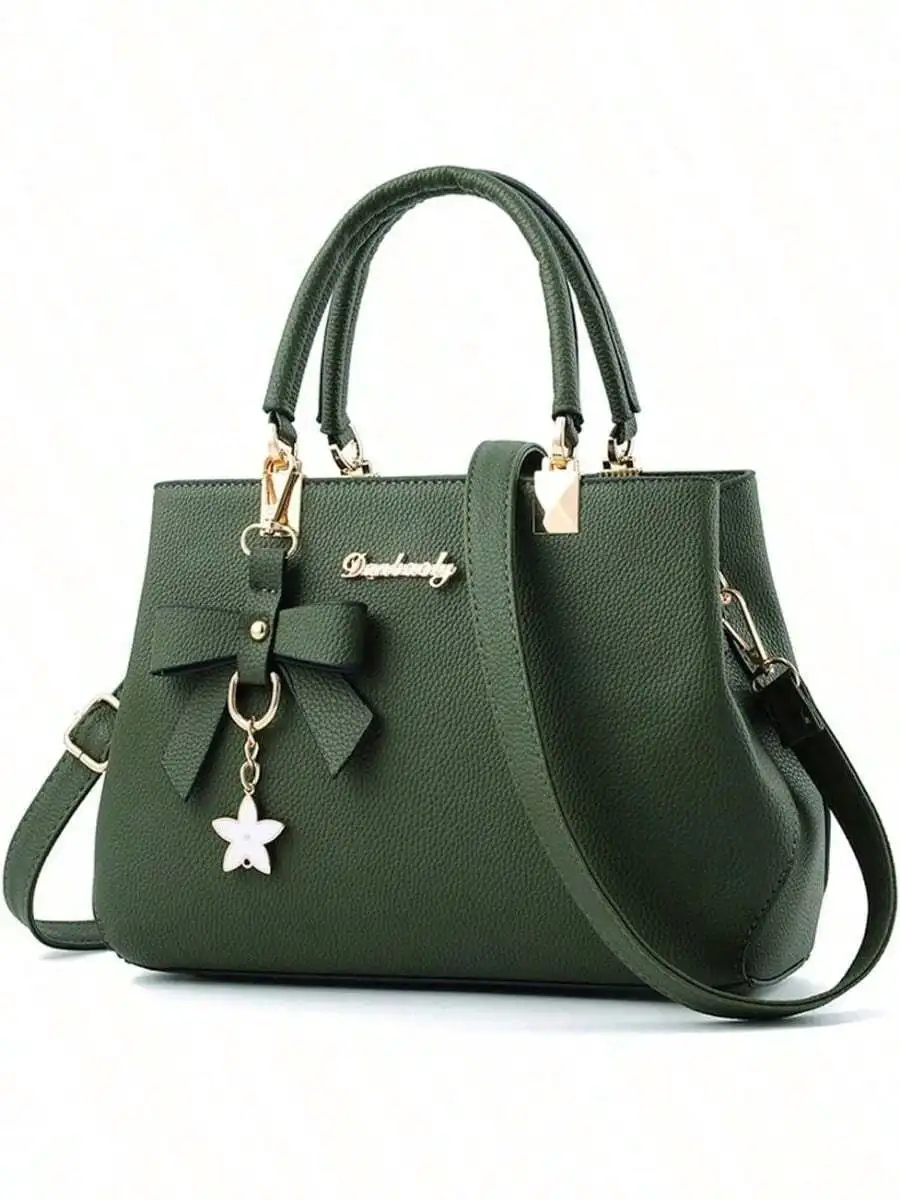 Olive Green Structured Top-Handle Handbag with Bow Charm and Adjustable Strap
Olive Green Structured Top-Handle Handbag with Bow Charm and Adjustable Strap