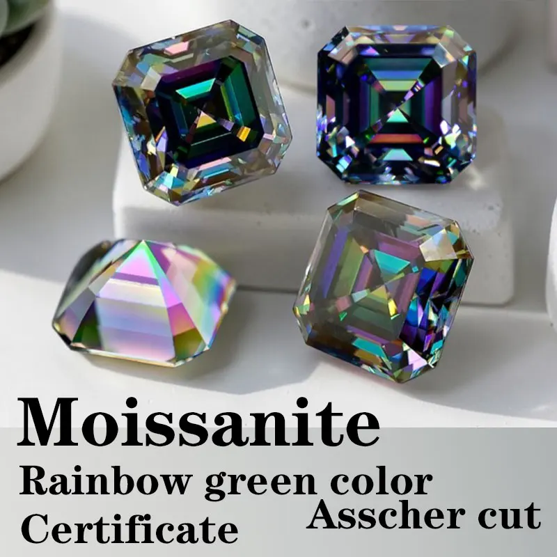 Moissanite VVS1 Square Shape Asscher Cut Rainbow Green Color Certificate Artificial Gemstone
Moissanite VVS1 Square Shape Asscher Cut Rainbow Green Color Certificate Artificial Gemstone