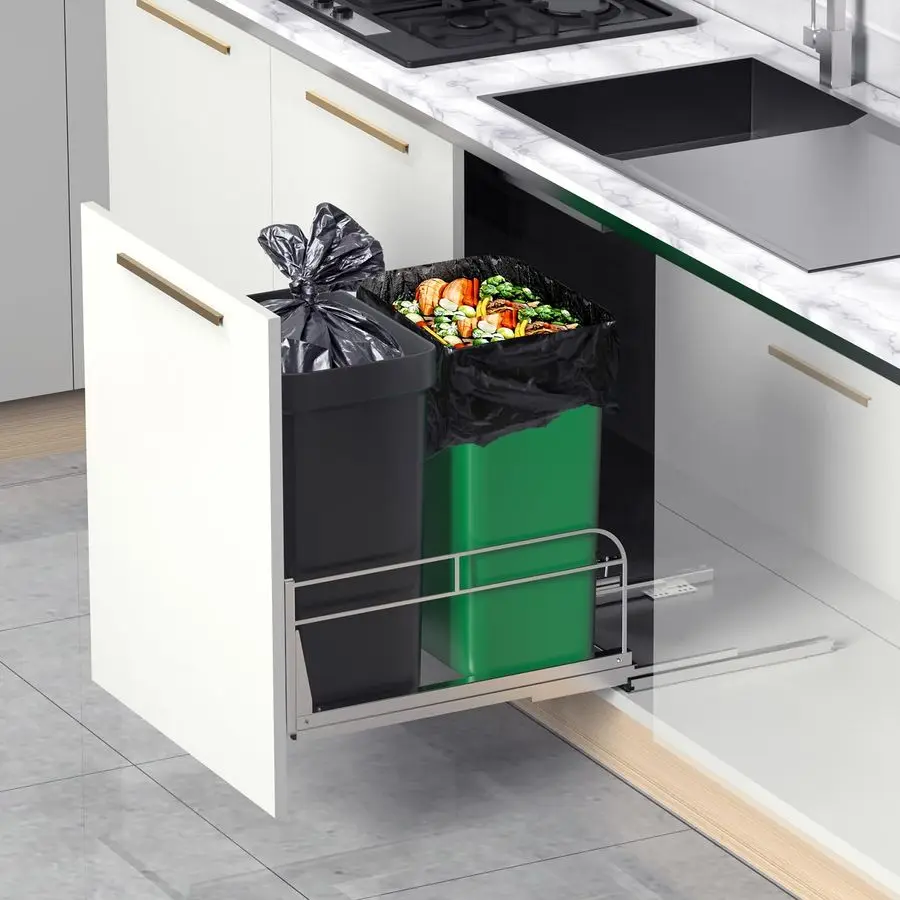Двойной выдвижной мусорный бак под шкафом, сверхмощный комплект мусорного бака под раковиной с направляющими для мягкого закрытия для кухни, не
Двойной выдвижной мусорный бак под шкафом, сверхмощный комплект мусорного бака под раковиной с направляющими для мягкого закрытия для кухни, не
