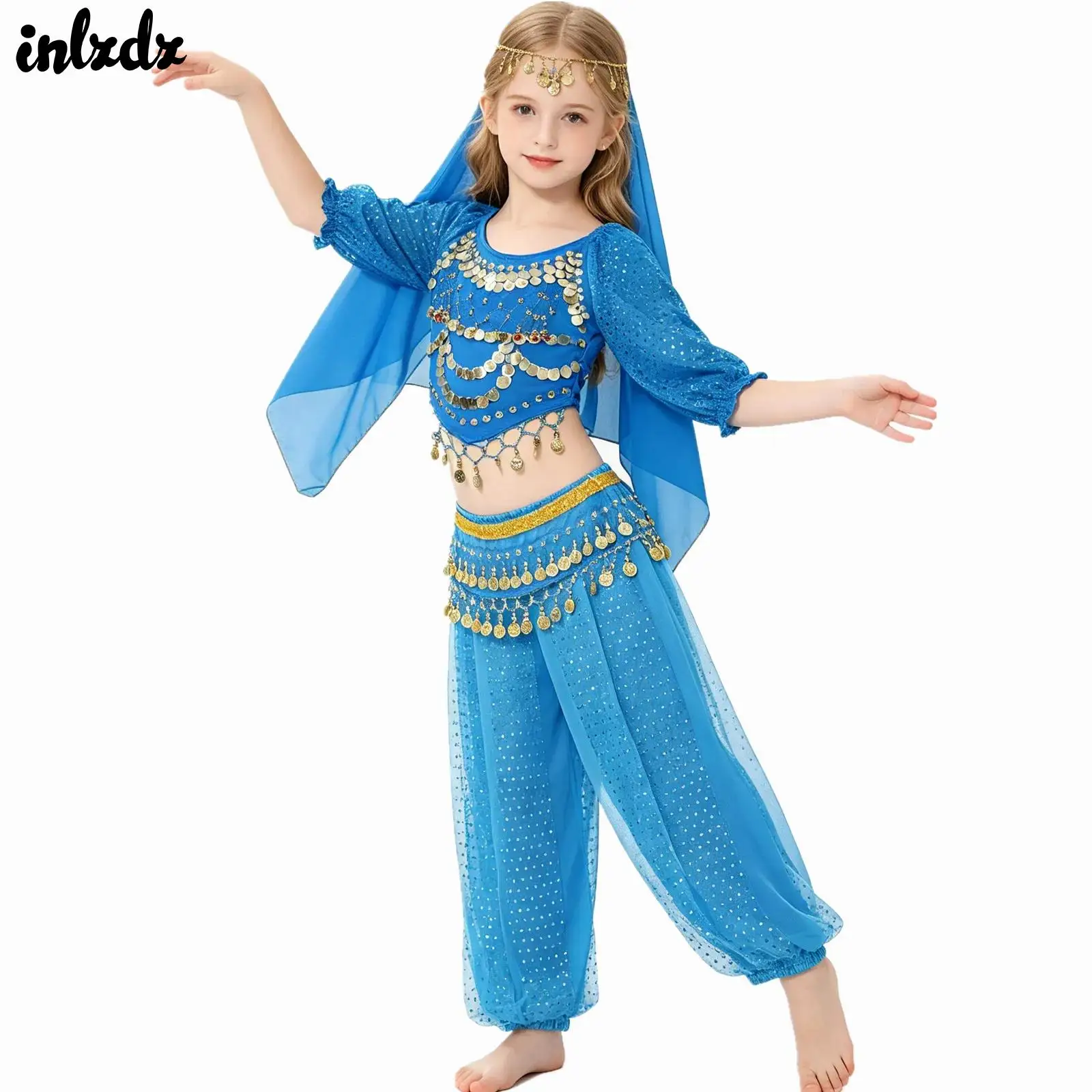 Kids Girls Belly Dance Outfit Halloween Performance Set Glittery Sequins Long Sleeve Crop Top with Bloomers Hip Scarf Headscarf
Kids Girls Belly Dance Outfit Halloween Performance Set Glittery Sequins Long Sleeve Crop Top with Bloomers Hip Scarf Headscarf