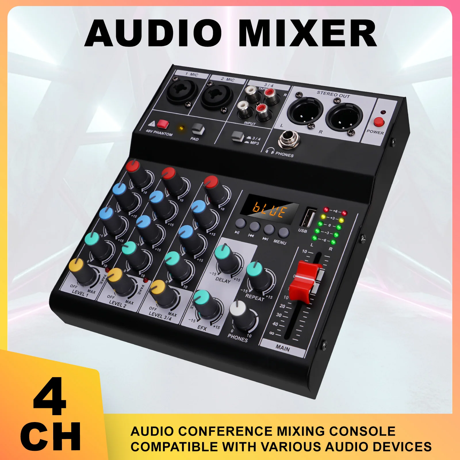 4 Channel Professional Mixer Built-in DSP Effect Bluetooth Wireless, 48V Phantom Power for Karaoke Podcast Conference
4 Channel Professional Mixer Built-in DSP Effect Bluetooth Wireless, 48V Phantom Power for Karaoke Podcast Conference