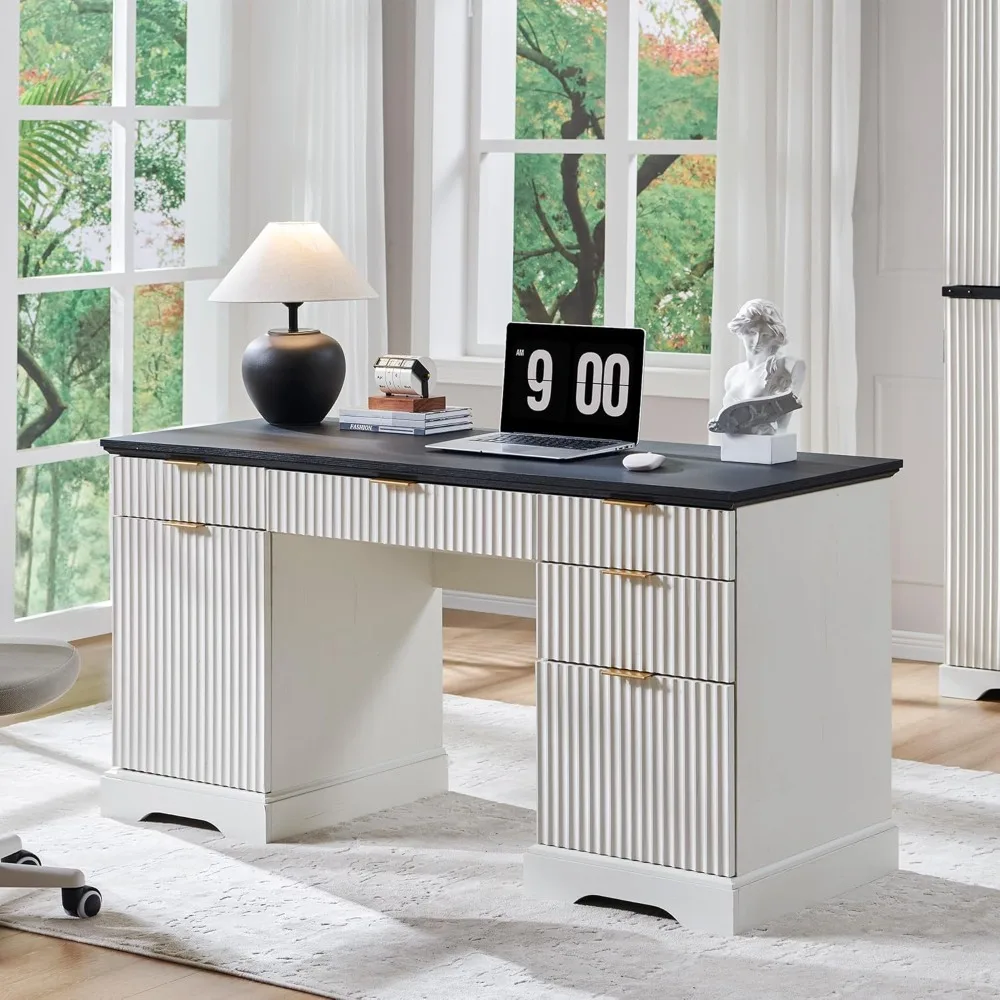 58" Modern Executive Desk with Storage, Wood Home Office Desk with 5 Drawers & 1 Cabinet, Fluted Computer Writing Desk for Stud
58" Modern Executive Desk with Storage, Wood Home Office Desk with 5 Drawers & 1 Cabinet, Fluted Computer Writing Desk for Stud