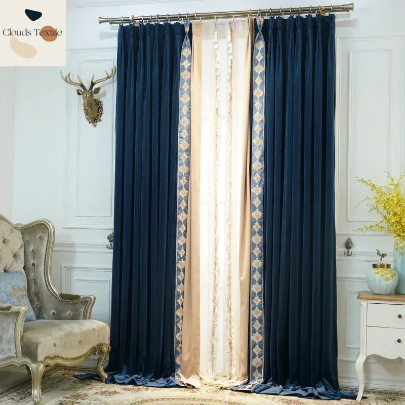 Luxury Blue Velvet Blackout Curtains for Living Dining Room Bedroom Deep Embroidered Splicing Lace Finished Curtains Customize
Luxury Blue Velvet Blackout Curtains for Living Dining Room Bedroom Deep Embroidered Splicing Lace Finished Curtains Customize