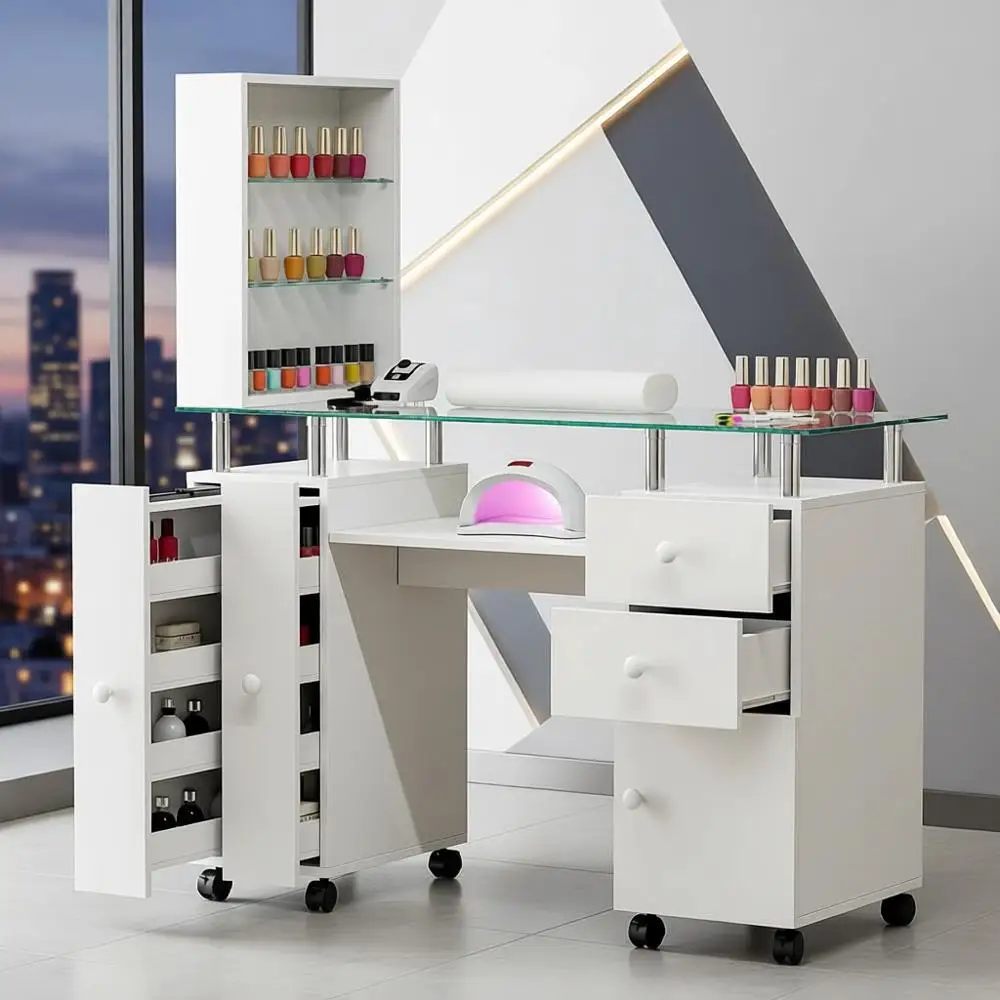 Durable Acrylic Resistant Nail Technician Workstation with Glass Top, Lockable Wheels and Wrist Support (White)
Durable Acrylic Resistant Nail Technician Workstation with Glass Top, Lockable Wheels and Wrist Support (White)