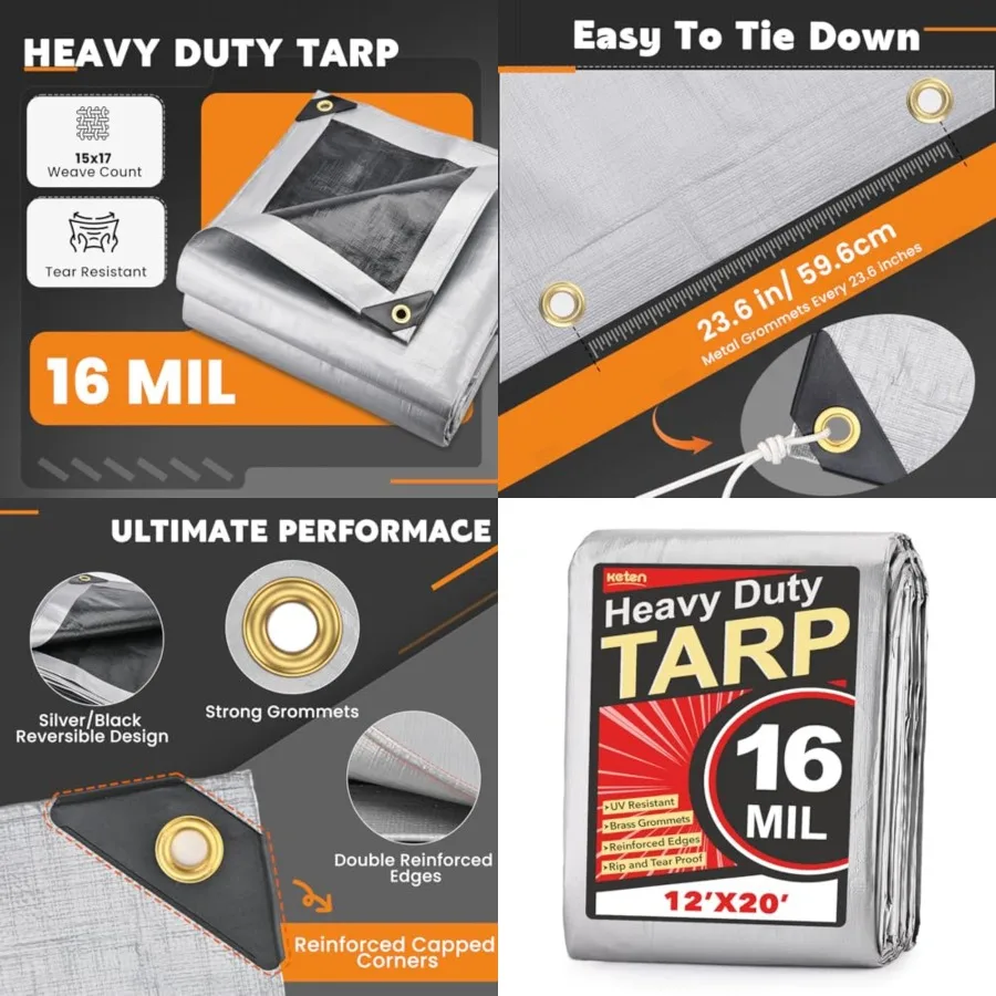 Tarps Heavy Duty Waterproof 12X20 Feet, Extra Thick 16 Mil, Tear Fade Resistant, UV Blocking, Outdoor Tarp with Reinforced Grom
Tarps Heavy Duty Waterproof 12X20 Feet, Extra Thick 16 Mil, Tear Fade Resistant, UV Blocking, Outdoor Tarp with Reinforced Grom