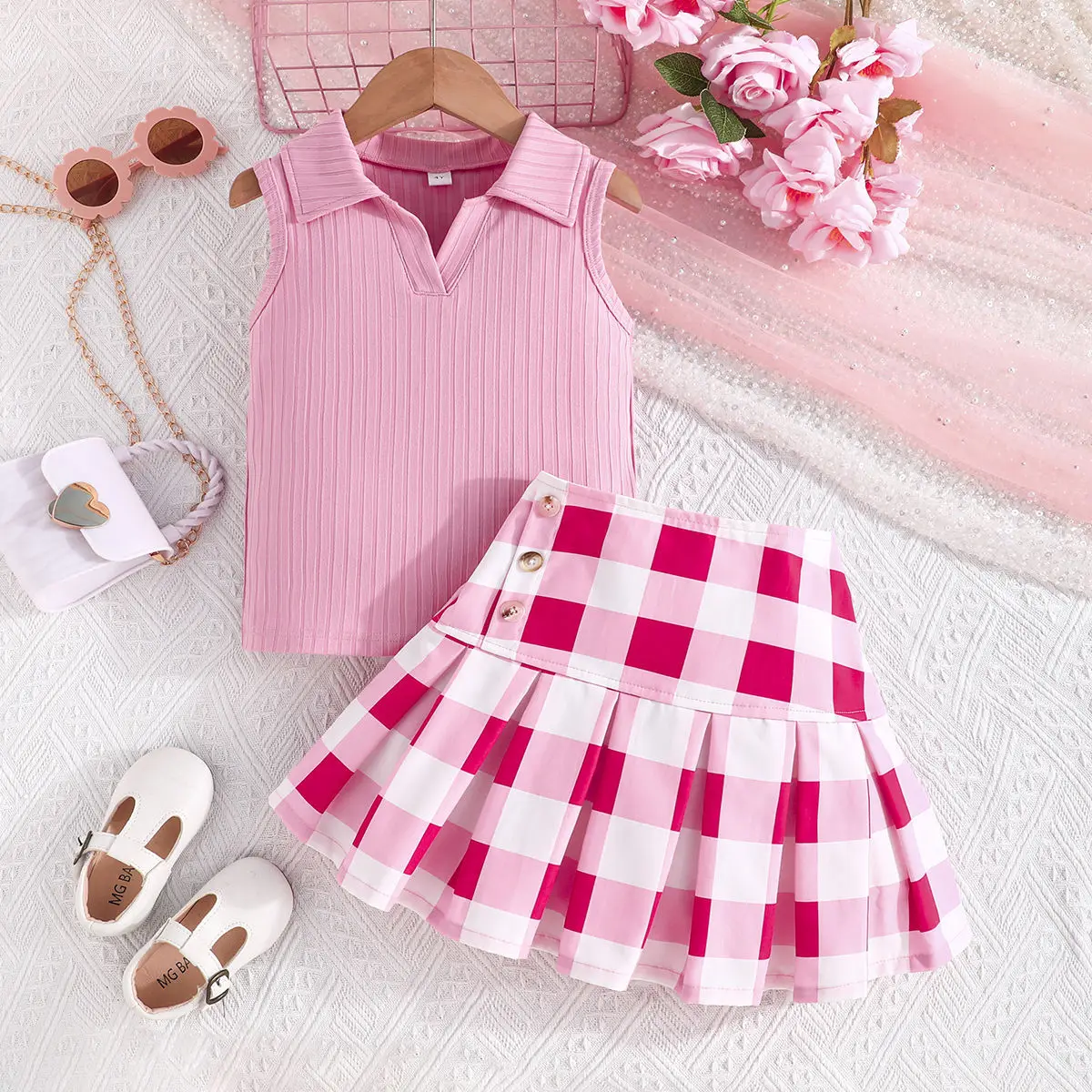 2025 Summer Child Clothes Sets Sleeveless Turn-down Collar Tops Plaid Pink Skirt 2 Piece Sets Designer Girls Clothes Sets 18M-7T
2025 Summer Child Clothes Sets Sleeveless Turn-down Collar Tops Plaid Pink Skirt 2 Piece Sets Designer Girls Clothes Sets 18M-7T