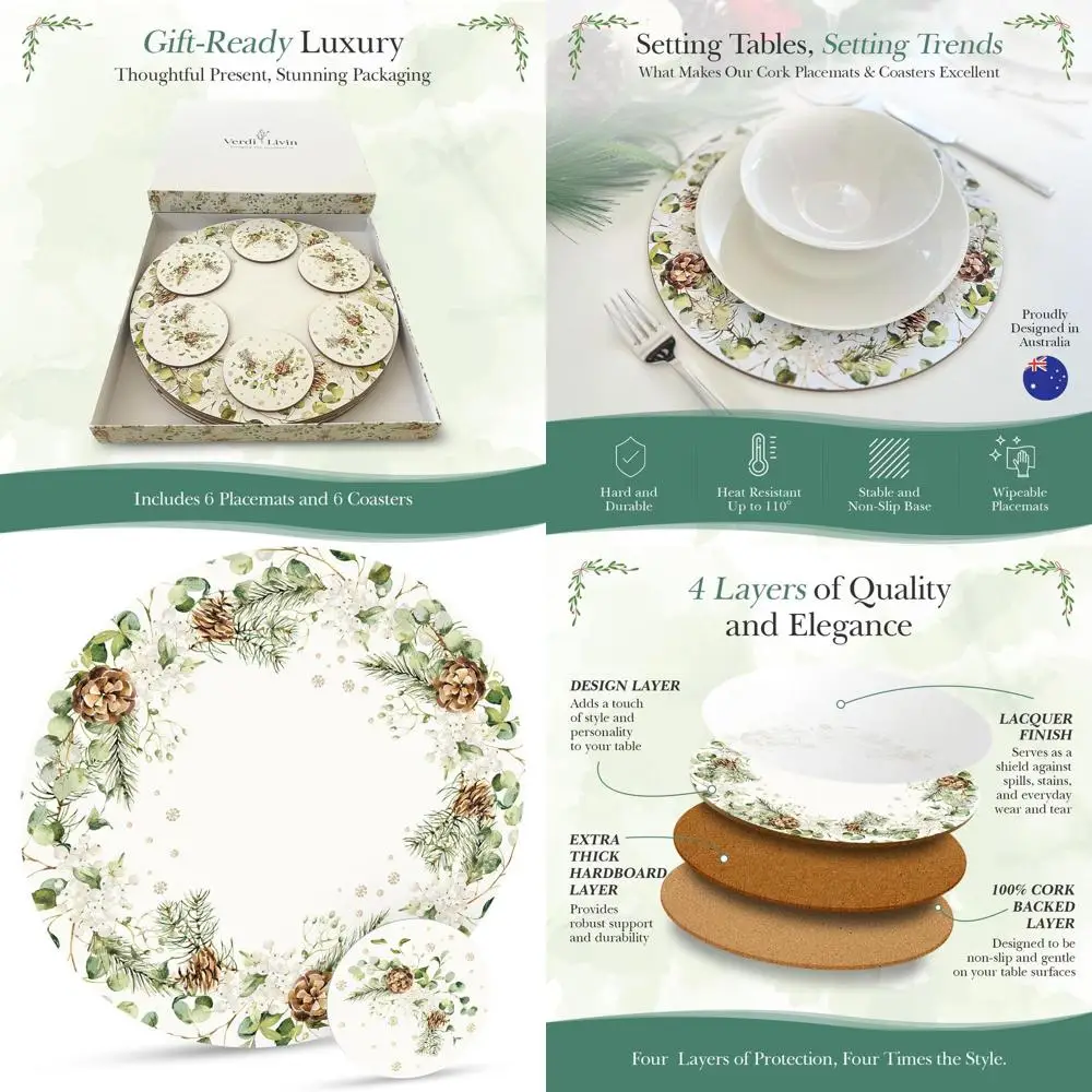Set of 6 Heat-Resistant Wipeable Cork Coasters for Dining, 16x12 inches, White Wreath Design
Set of 6 Heat-Resistant Wipeable Cork Coasters for Dining, 16x12 inches, White Wreath Design
