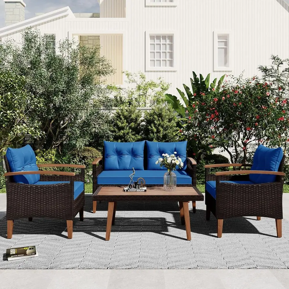 4-Piece Outdoor Wicker Sofa Set with Cushions for Patio, Garden, or Poolside in Blue
4-Piece Outdoor Wicker Sofa Set with Cushions for Patio, Garden, or Poolside in Blue