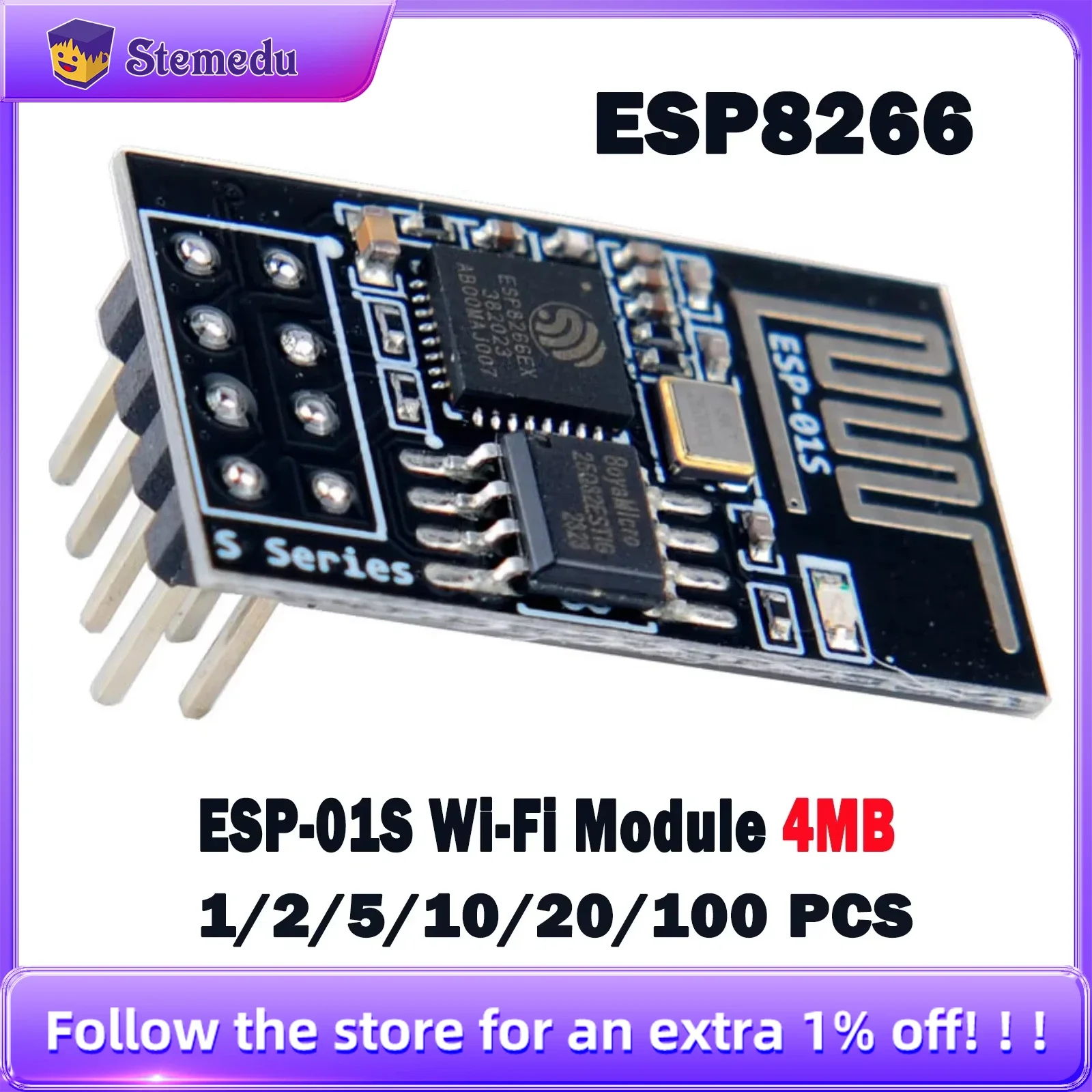 ESP-01S ESP8266 WiFi Wireless Serial Transceiver Module 4MB Flash 3.3V Wi-Fi Module Compatible with Ar-duino IDE 1/2/5/10/20/100
ESP-01S ESP8266 WiFi Wireless Serial Transceiver Module 4MB Flash 3.3V Wi-Fi Module Compatible with Ar-duino IDE 1/2/5/10/20/100