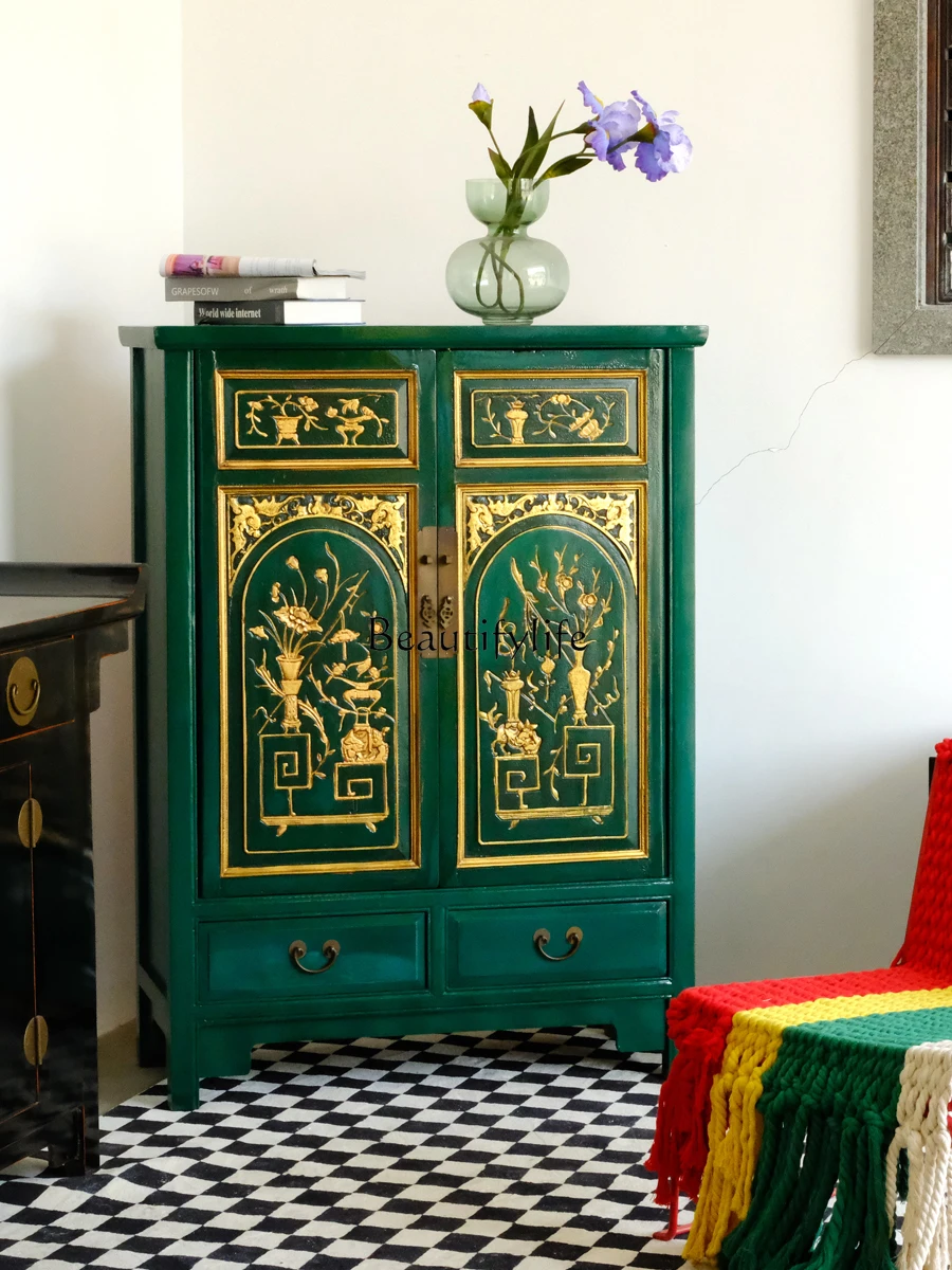 Solid wood retro foyer entrance cabinet antique old elm wood carving flower gold cabinet 
Solid wood retro foyer entrance cabinet antique old elm wood carving flower gold cabinet