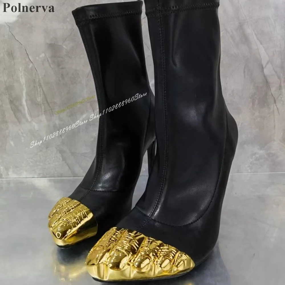Mid Calf Black Leather Gold Thumbs Boots Thin High Heel Women Shoes Back Zipper Metallic Toe 2025 Fashion Zapatos Para Mujere
Mid Calf Black Leather Gold Thumbs Boots Thin High Heel Women Shoes Back Zipper Metallic Toe 2025 Fashion Zapatos Para Mujere