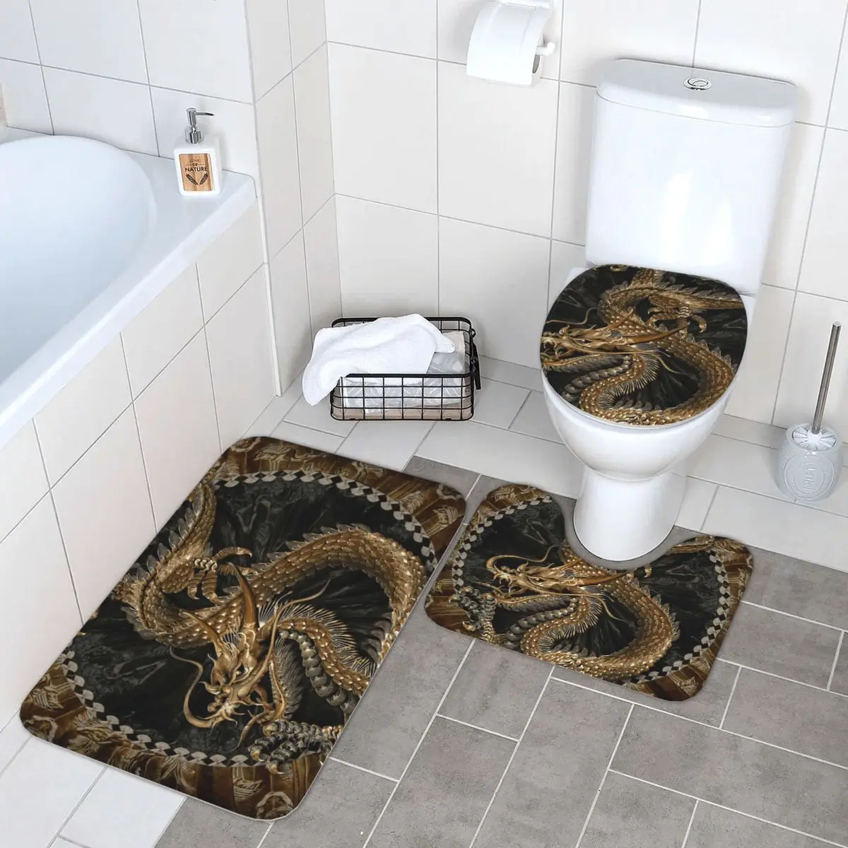Китайский традиционный золотой дракон, 3-х предметный коврик для ванной, набор для ванной комнаты, крышка для унитаза, домашний декор, нескользящий ковер, напольный коврик
Китайский традиционный золотой дракон, 3-х предметный коврик для ванной, набор для ванной комнаты, крышка для унитаза, домашний декор, нескользящий ковер, напольный коврик