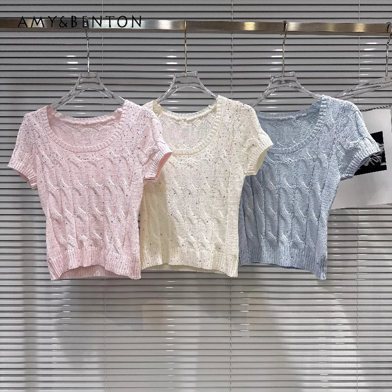 Temperament U-neck Hot Diamond Woven Jacquard Women's Knitted T-shirt 2026 Spring Summer New Versatile Short-sleeved Top Ladies
Temperament U-neck Hot Diamond Woven Jacquard Women's Knitted T-shirt 2026 Spring Summer New Versatile Short-sleeved Top Ladies