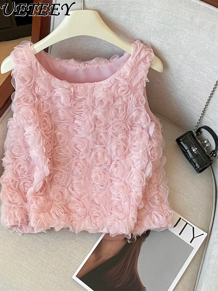 French Romantic Pink Round Neck Three-dimensional Rose Short Vest Women's Summer 2025 New High-end Sleeveless Tank Tops
French Romantic Pink Round Neck Three-dimensional Rose Short Vest Women's Summer 2025 New High-end Sleeveless Tank Tops