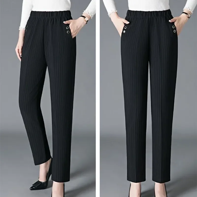 Trousers Straight Elastic High Waisted Button Solid Color Striped Pockets Women's Clothing Office Lady Spring Autumn Pants
Trousers Straight Elastic High Waisted Button Solid Color Striped Pockets Women's Clothing Office Lady Spring Autumn Pants