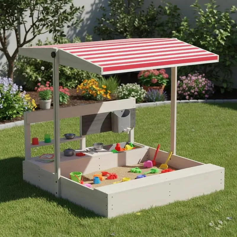Wooden Sandbox w/ Canopy, Kitchen Toys, Seat, Storage
Wooden Sandbox w/ Canopy, Kitchen Toys, Seat, Storage