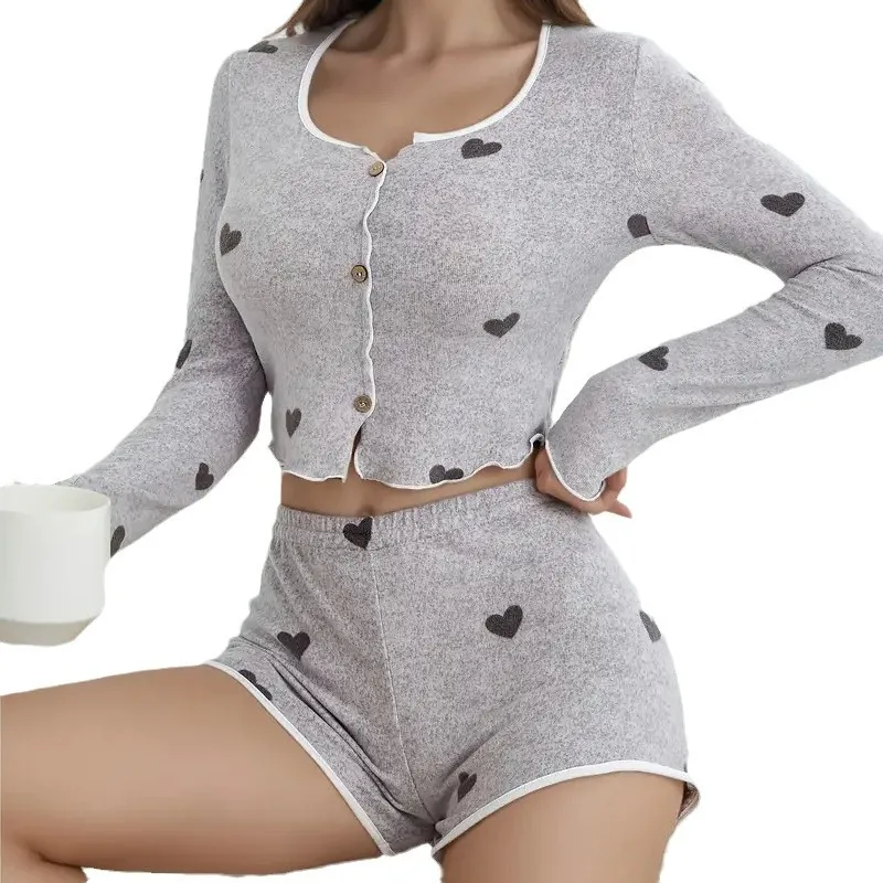 Women Pajamas Set European and American Hot Sale Knitted Polished Love Printed Ruffle Edge Pajamas Shorts Set Loungewear Women
Women Pajamas Set European and American Hot Sale Knitted Polished Love Printed Ruffle Edge Pajamas Shorts Set Loungewear Women