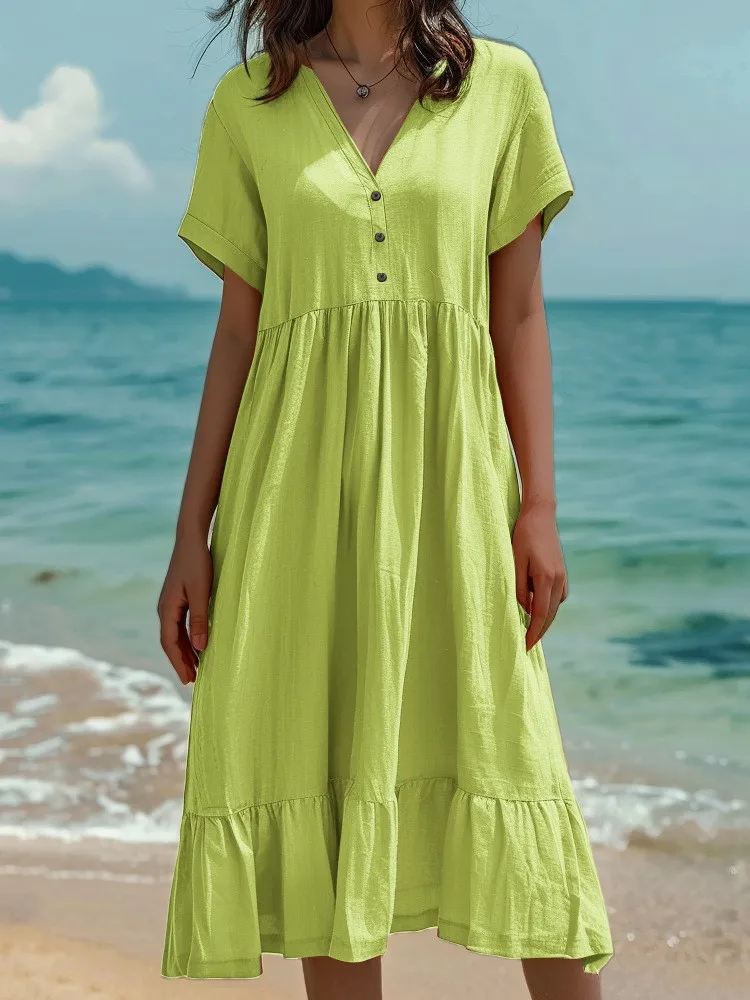 Elegant V-neck Short-sleeved Button Dress For Women Fashion Summer Solid Color Cotton Linen Spliced Loose Casual Dresses Female
Elegant V-neck Short-sleeved Button Dress For Women Fashion Summer Solid Color Cotton Linen Spliced Loose Casual Dresses Female