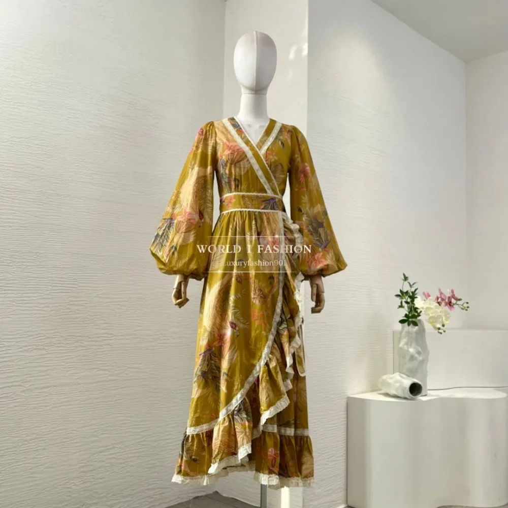 Pure Cotton High Quality Floral Print Long Lantern Sleeve Ruffles Lace Patchwork Women Wrap Midi Dress for Holiday
Pure Cotton High Quality Floral Print Long Lantern Sleeve Ruffles Lace Patchwork Women Wrap Midi Dress for Holiday
