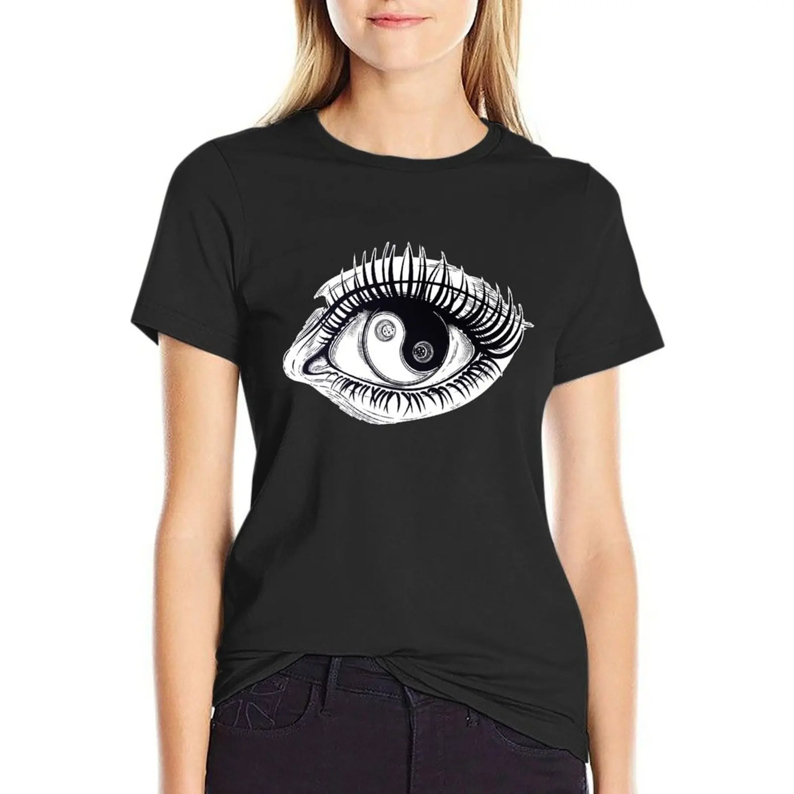 Eye of a human girl with pupil and iris as Yin and Yang boho symbol. T-Shirt graphics kawaii clothes Women tops
Eye of a human girl with pupil and iris as Yin and Yang boho symbol. T-Shirt graphics kawaii clothes Women tops