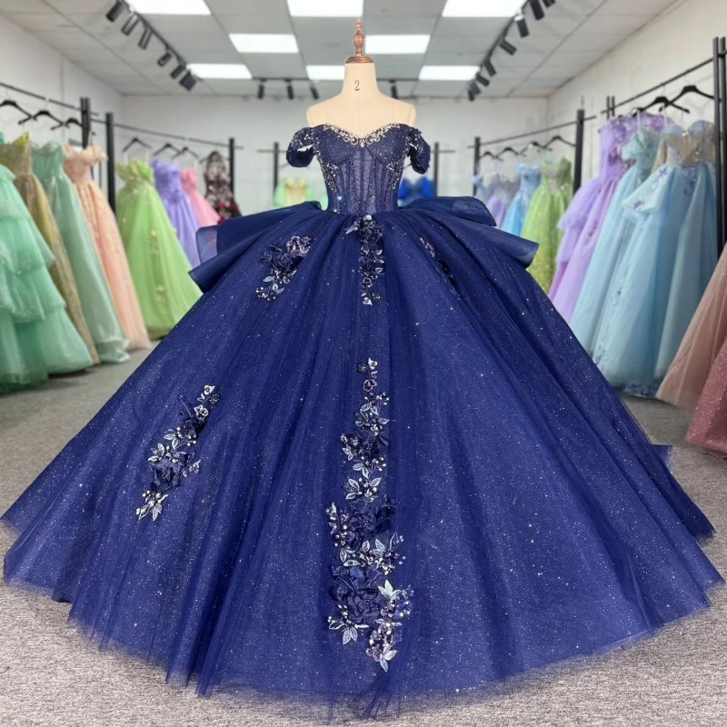 Navy Blue Shiny Off The Shoulder Ball Gown Quinceanera Dresses Appliques Lace Beading Crystal Tull Sweet 16 Dress vestidos 15
Navy Blue Shiny Off The Shoulder Ball Gown Quinceanera Dresses Appliques Lace Beading Crystal Tull Sweet 16 Dress vestidos 15