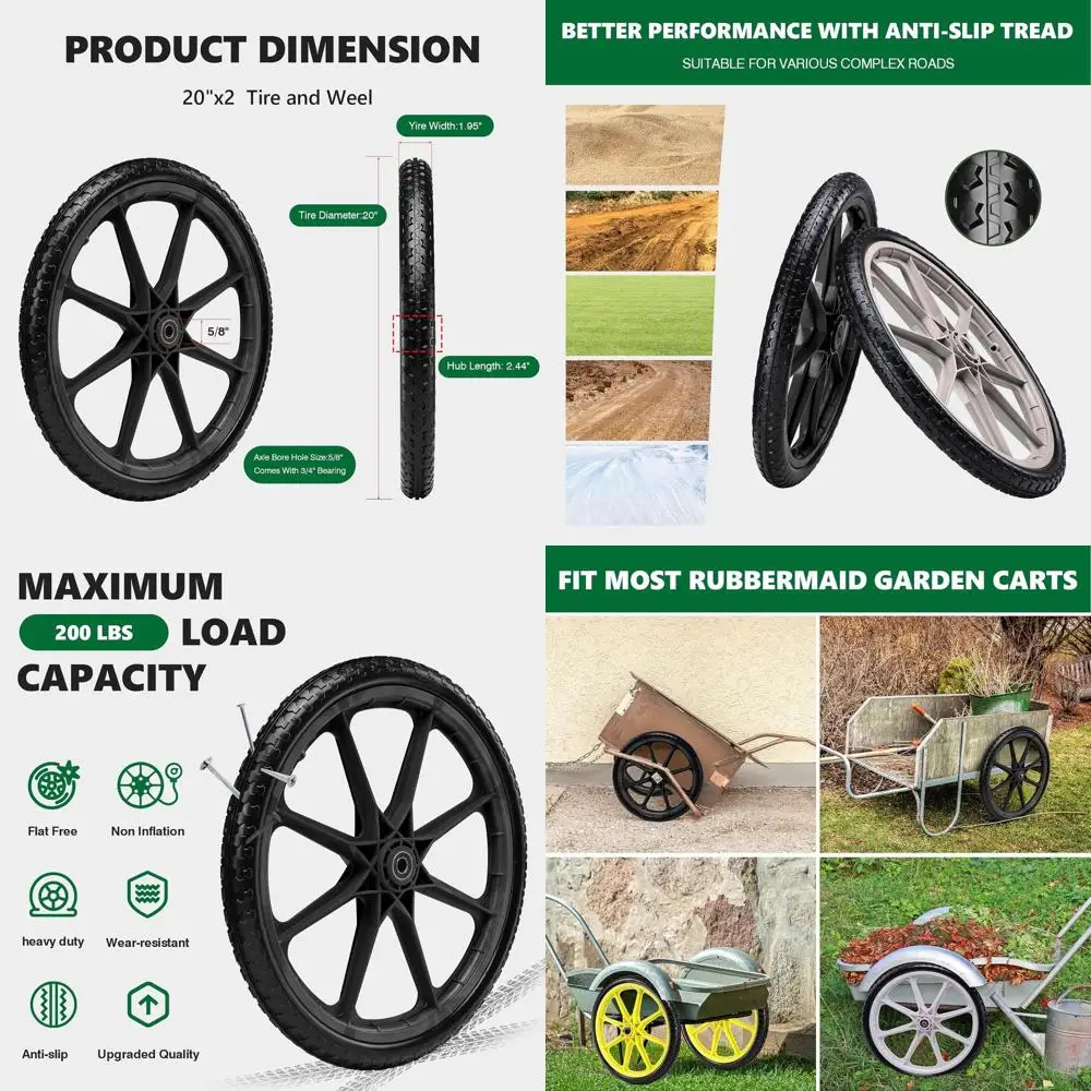 20 Inch Replacement Tire and Wheel Set with 3/4 & 5/8 Inch Bearings for Wheelbarrows, Lawn Carts, and Yard Utility Carts, 2 Pack
20 Inch Replacement Tire and Wheel Set with 3/4 & 5/8 Inch Bearings for Wheelbarrows, Lawn Carts, and Yard Utility Carts, 2 Pack