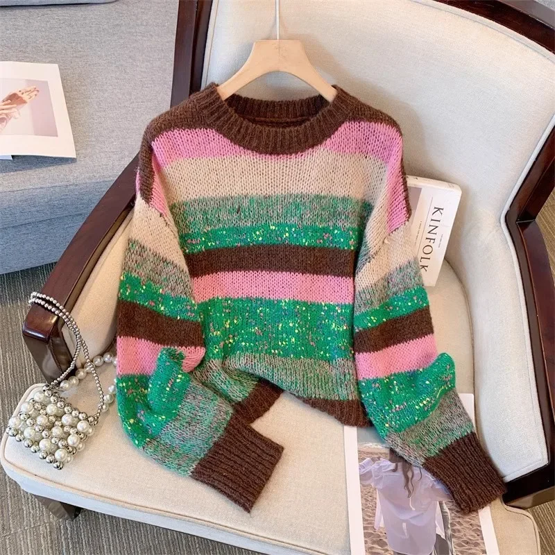 Loose Rainbow Striped Knitwear Long-sleeved women's autumn and winter new retro design short casual temperament slim top
Loose Rainbow Striped Knitwear Long-sleeved women's autumn and winter new retro design short casual temperament slim top