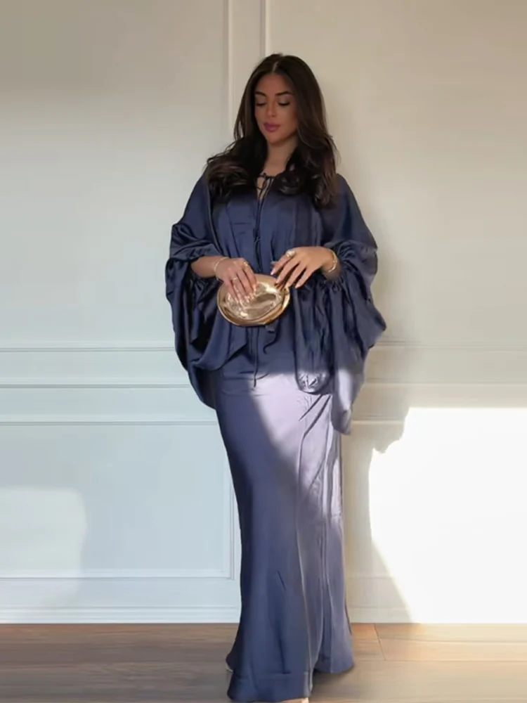 2026 Spring Summer Satin Skirt Set Batwing Sleeve Tie Top Maxi Skirt Elegant Office Brunch Vacation Fashion Women's 2 Pcs Outfit
2026 Spring Summer Satin Skirt Set Batwing Sleeve Tie Top Maxi Skirt Elegant Office Brunch Vacation Fashion Women's 2 Pcs Outfit