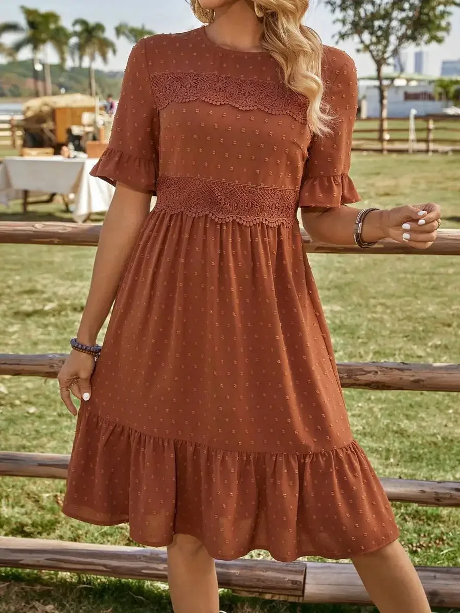 Rust Brown Lace Trimmed Ruffle Sleeve A-Line Dress for Summer
Rust Brown Lace Trimmed Ruffle Sleeve A-Line Dress for Summer