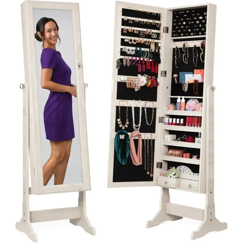 Freestanding Jewelry Armoire with Full Length Mirror Lockable Makeup Organizer Velvet Lining 5 Shelves Coastal White
Freestanding Jewelry Armoire with Full Length Mirror Lockable Makeup Organizer Velvet Lining 5 Shelves Coastal White