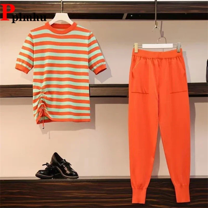 Summer Thin Knitted Pants 2 Piece Set Women Korean Fashion Pantalones Outfits Drawstring Stripe Short Sleeve Tops Conjuntos
Summer Thin Knitted Pants 2 Piece Set Women Korean Fashion Pantalones Outfits Drawstring Stripe Short Sleeve Tops Conjuntos