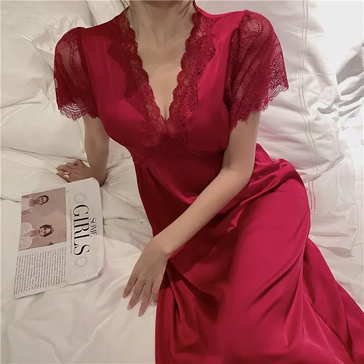 Summer Satin Night Dress Women Sleepwear With Bras Long Lace Nightgown Short Sleeve Sleepdress Loose Intimate Lingerie Nightwear
Summer Satin Night Dress Women Sleepwear With Bras Long Lace Nightgown Short Sleeve Sleepdress Loose Intimate Lingerie Nightwear