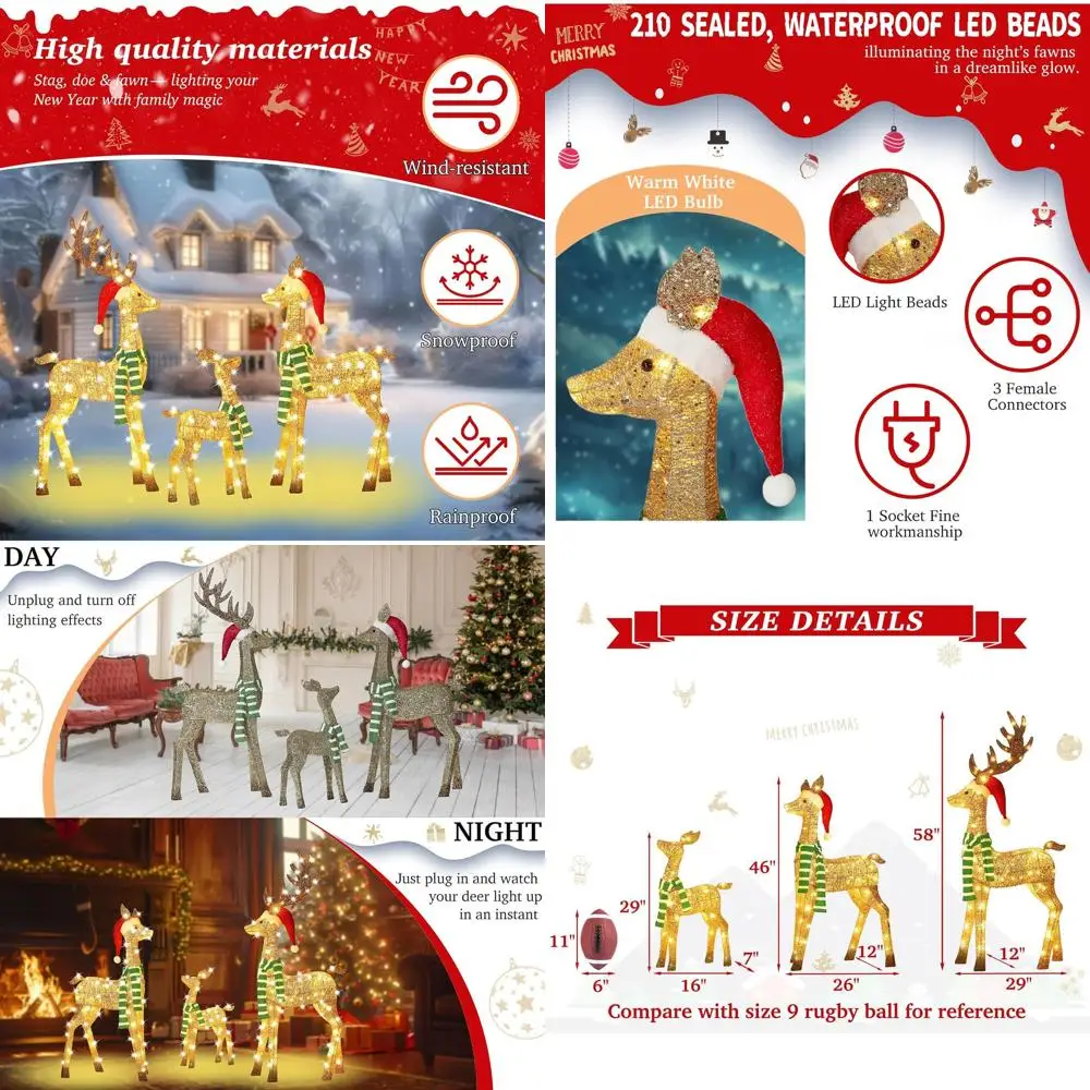 3D золотой рождественский набор для уличного украшения с оленем и 210 светодиодами, 3 предмета, дисплей для двора северного оленя
3D золотой рождественский набор для уличного украшения с оленем и 210 светодиодами, 3 предмета, дисплей для двора северного оленя