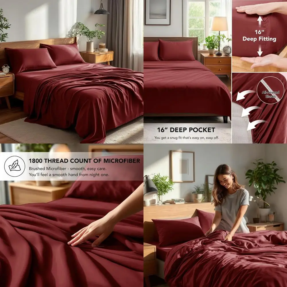 4-Piece Burgundy Microfiber Bedding Set with Deep Pocket, Elastic Fitted Sheets, Machine Washable
4-Piece Burgundy Microfiber Bedding Set with Deep Pocket, Elastic Fitted Sheets, Machine Washable