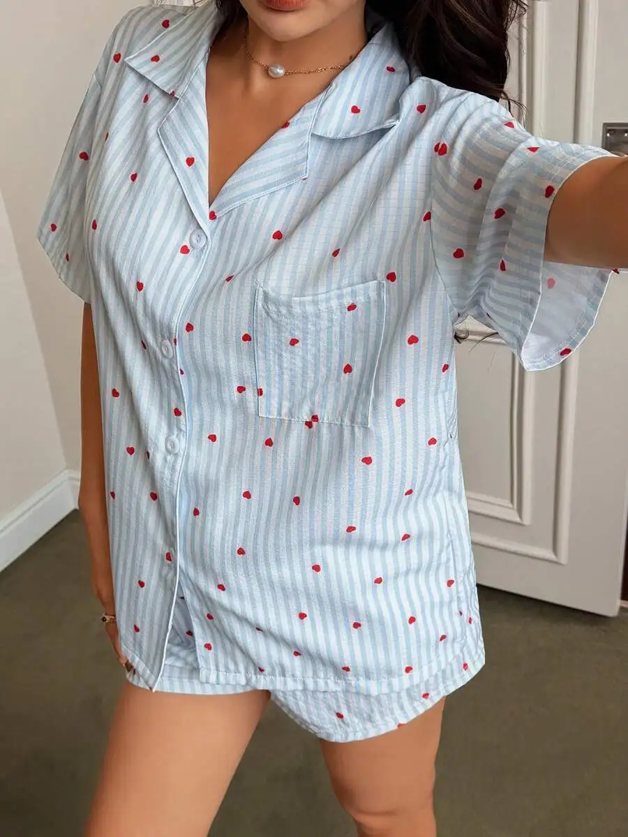 Blue Striped Heart Print Short Sleeve Sleep Top And Shorts Women Pajama Set Summer
Blue Striped Heart Print Short Sleeve Sleep Top And Shorts Women Pajama Set Summer