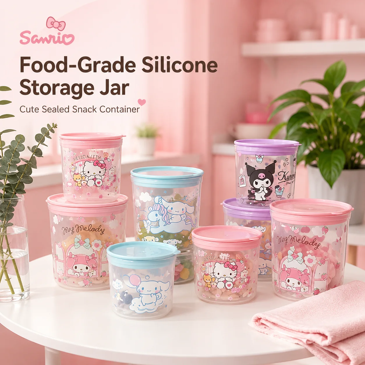 Sanrio Cute Food-Grade Silicone Lid Storage Canister Kitchen Food Dry Goods Classification Container Snack Sealed Canister Set
Sanrio Cute Food-Grade Silicone Lid Storage Canister Kitchen Food Dry Goods Classification Container Snack Sealed Canister Set