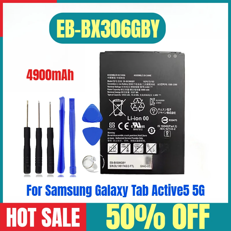 4900mAh for Samsung Galaxy Tab Active5 5G Tablet Battery SM-X306B EB-BX306GBY
4900mAh for Samsung Galaxy Tab Active5 5G Tablet Battery SM-X306B EB-BX306GBY