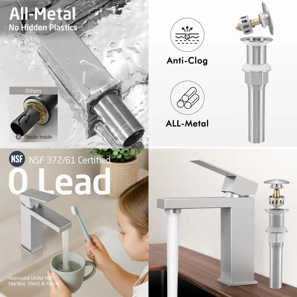 Stainless Steel 1-Hole Single Handle Brushed Nickel Bathroom Sink Faucet with Drain, No Overflow, UPC and NSF Certified, L3156AL
Stainless Steel 1-Hole Single Handle Brushed Nickel Bathroom Sink Faucet with Drain, No Overflow, UPC and NSF Certified, L3156AL