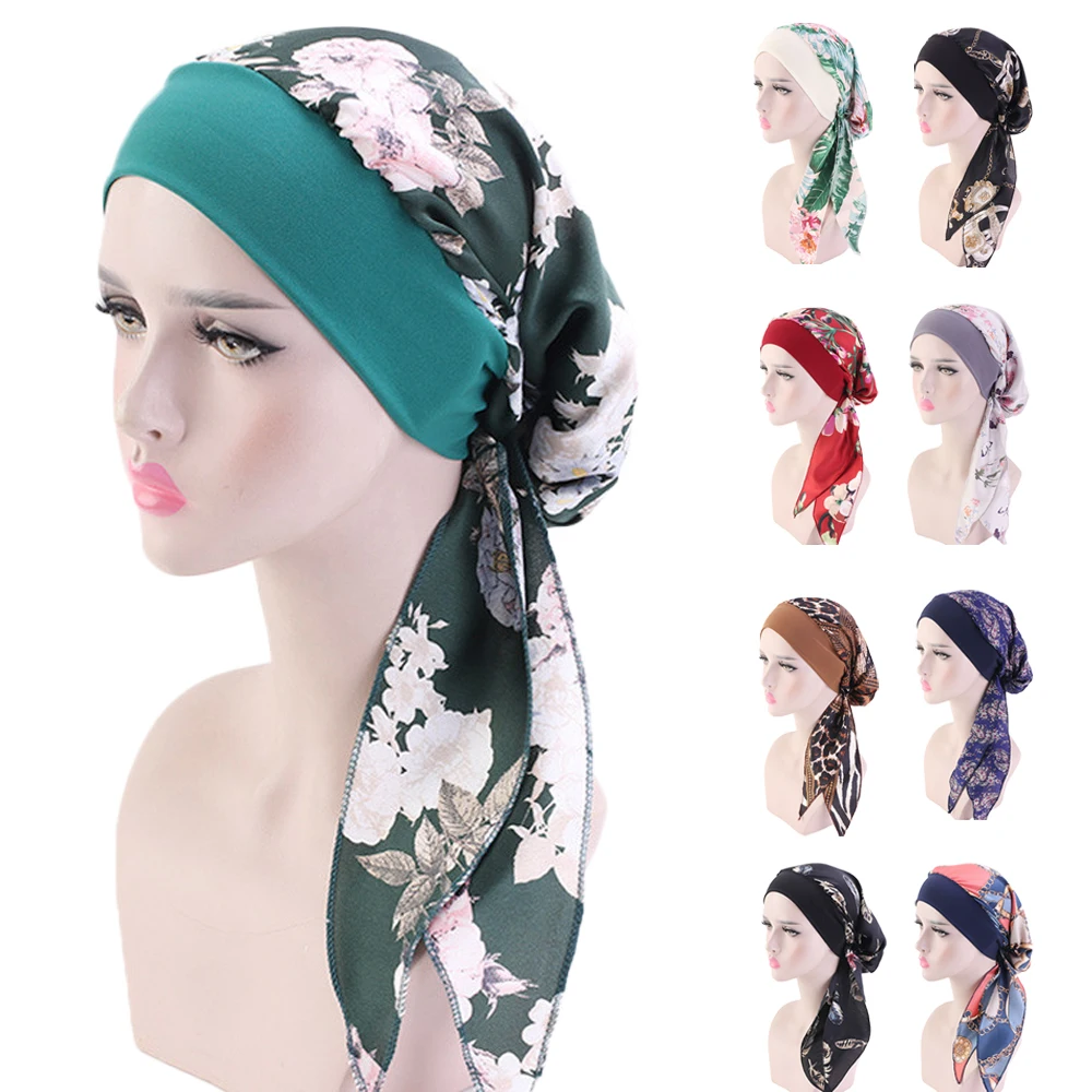 Women Satin Print Pre-Tied Hat Muslim Hijab Turban Head Scarf Wrap Bandanas Long Tail Bonnet Chemo Cap Hair Loss Headscarf Cover
Women Satin Print Pre-Tied Hat Muslim Hijab Turban Head Scarf Wrap Bandanas Long Tail Bonnet Chemo Cap Hair Loss Headscarf Cover