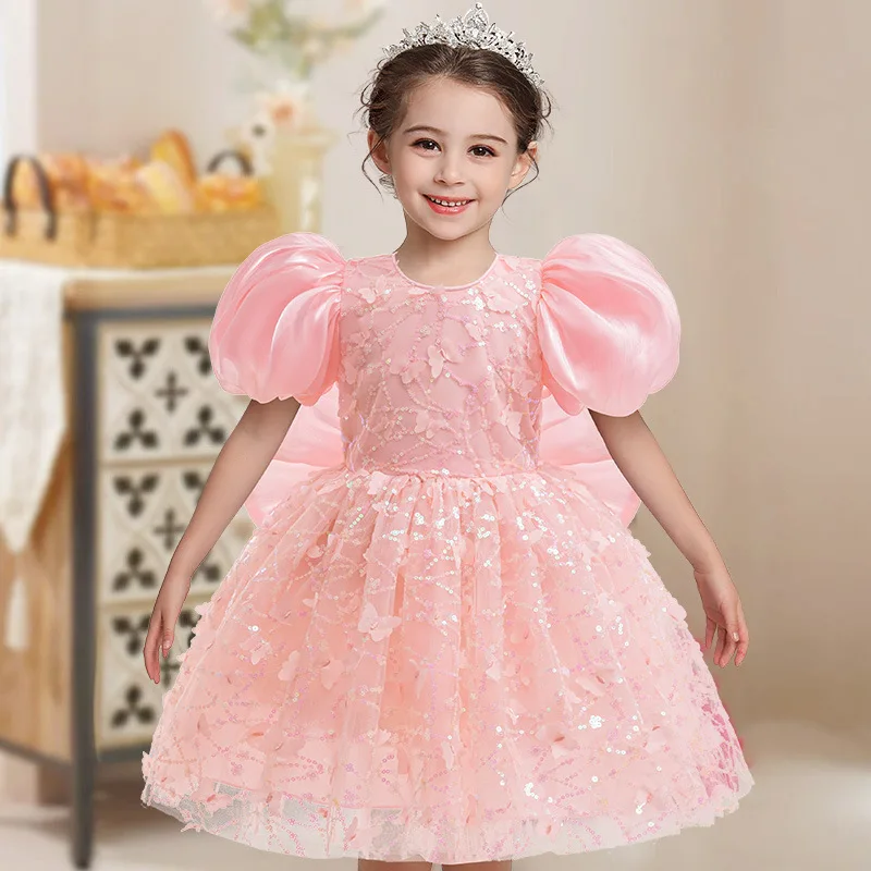 Elegant Dress For Girl Pink Summer Butterfly Decor Puff Sleeve Princess Dress With Big Bow Wedding Bridesmaid Dress For Girls
Elegant Dress For Girl Pink Summer Butterfly Decor Puff Sleeve Princess Dress With Big Bow Wedding Bridesmaid Dress For Girls