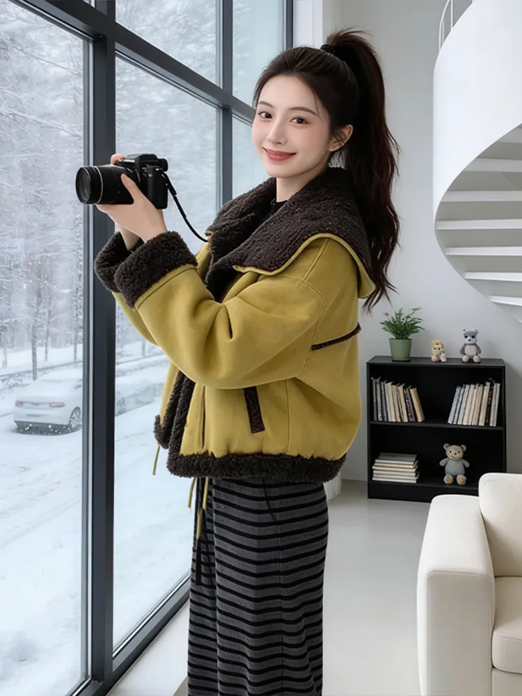 Faionable Thiened ort Lamb Fur Jaet Women's Winter Warm Sli Outerwear Cleanfit Loose Long Sve Pure Color
Faionable Thiened ort Lamb Fur Jaet Women's Winter Warm Sli Outerwear Cleanfit Loose Long Sve Pure Color