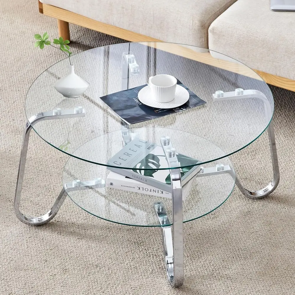 Modern 2-Tier Round Glass Coffee Table, Silver Metal Frame, Clear Top, Ideal for Small Spaces
Modern 2-Tier Round Glass Coffee Table, Silver Metal Frame, Clear Top, Ideal for Small Spaces