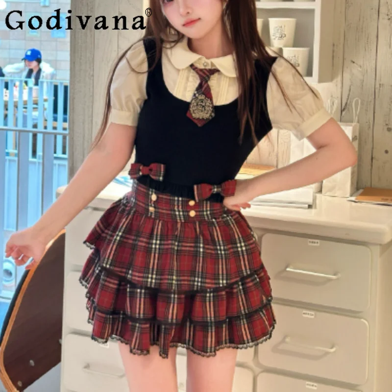 Summer Japanese Black Sweet Peter Pan Collar Short Sleeve T-shirt Fashion Girl High Waist A-line Age-reducing Plaid Cake Skirt
Summer Japanese Black Sweet Peter Pan Collar Short Sleeve T-shirt Fashion Girl High Waist A-line Age-reducing Plaid Cake Skirt